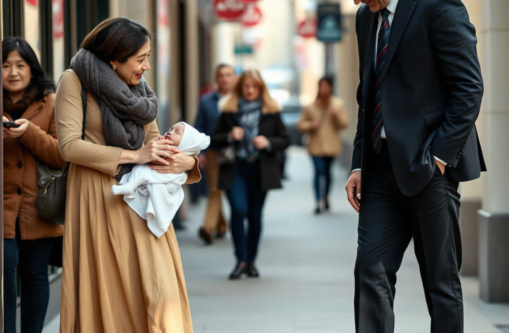 Oklęknęła przy stoliku, który ustawiła na chodniku, kołysząc swoje dziecko. „Proszę, nie chcę Państwa pieniędzy, tylko chwilę uwagi”